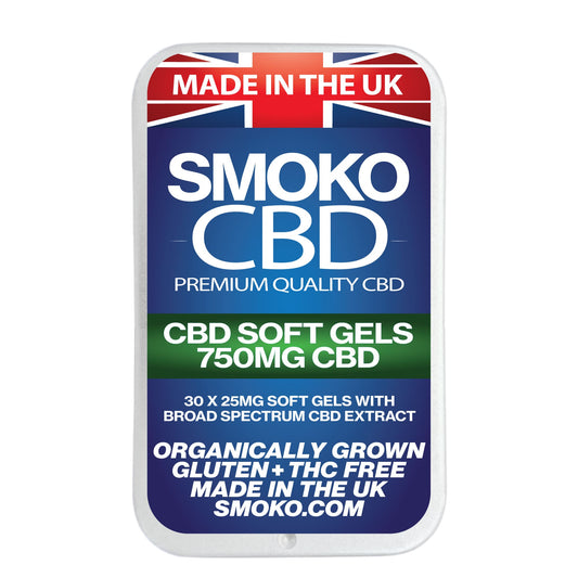 SMOKO's 750MG CBD Soft Gel Capsules are made from the highest quality CBD extract from organically grown cannabis sativa plants and are Gluten Free