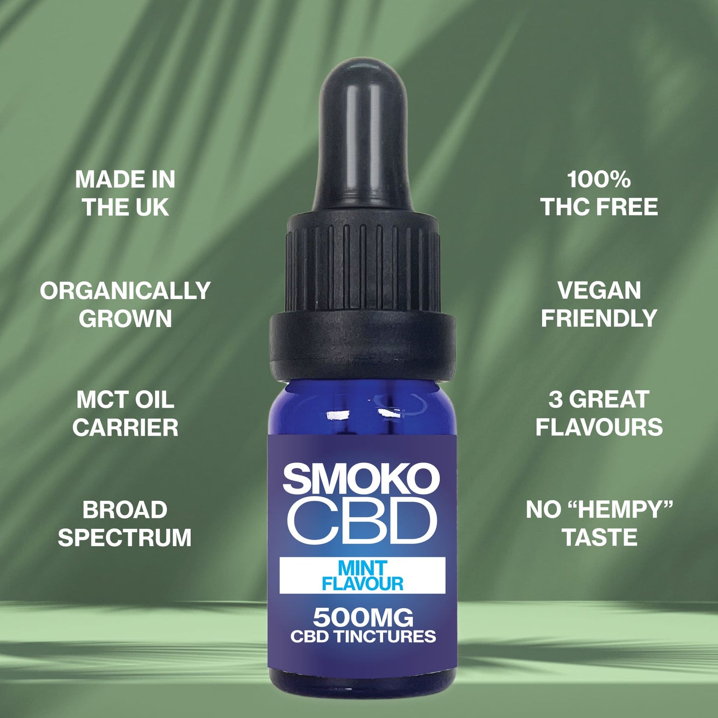 SMOKO CBD Mint Flavour 500MG CBD Tinctures - 100% THC FREE, Organically Grown + Broad Spectrum
