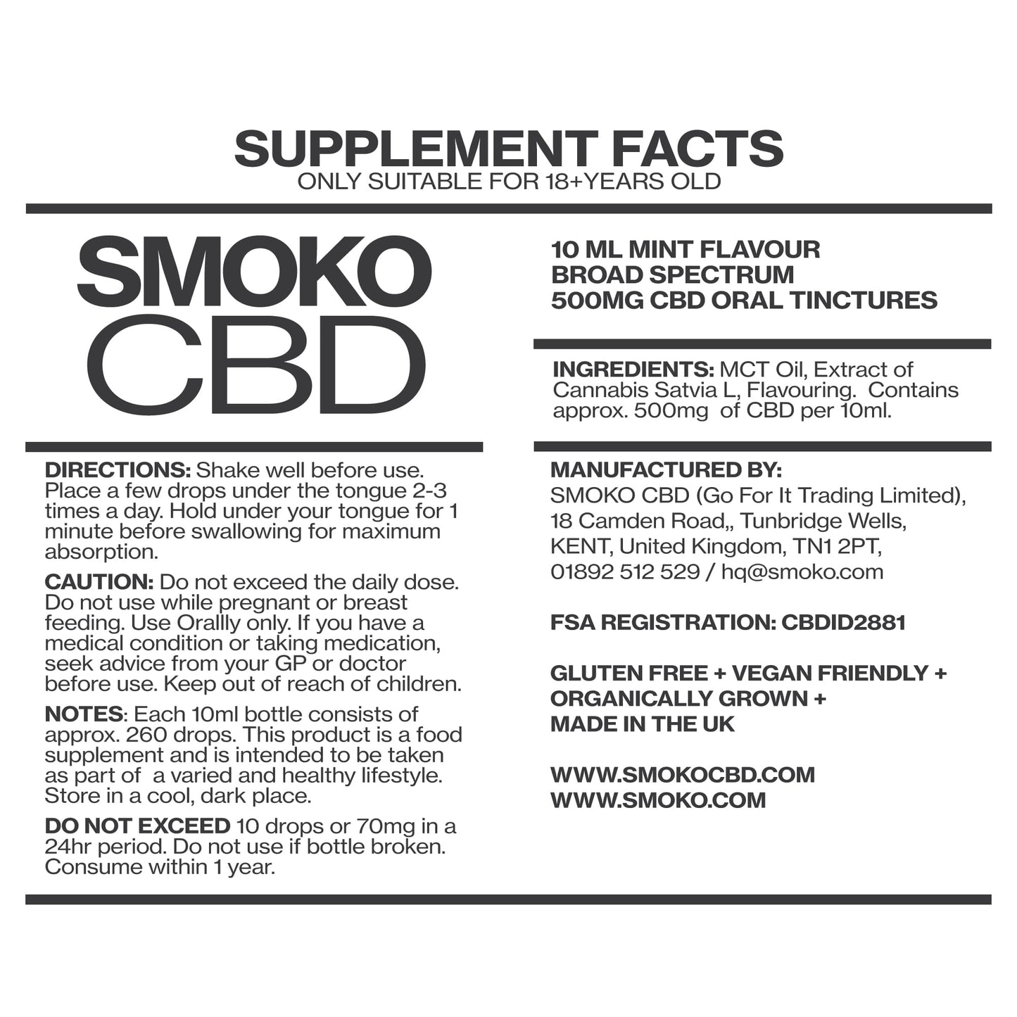 SMOKO CBD Mint Flavour 500MG CBD Tinctures - CBD Tincture Ingredients
