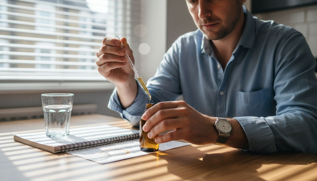 Man measures CBD oil in London kitchen