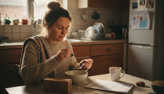Woman measuring CBD oil in home kitchen