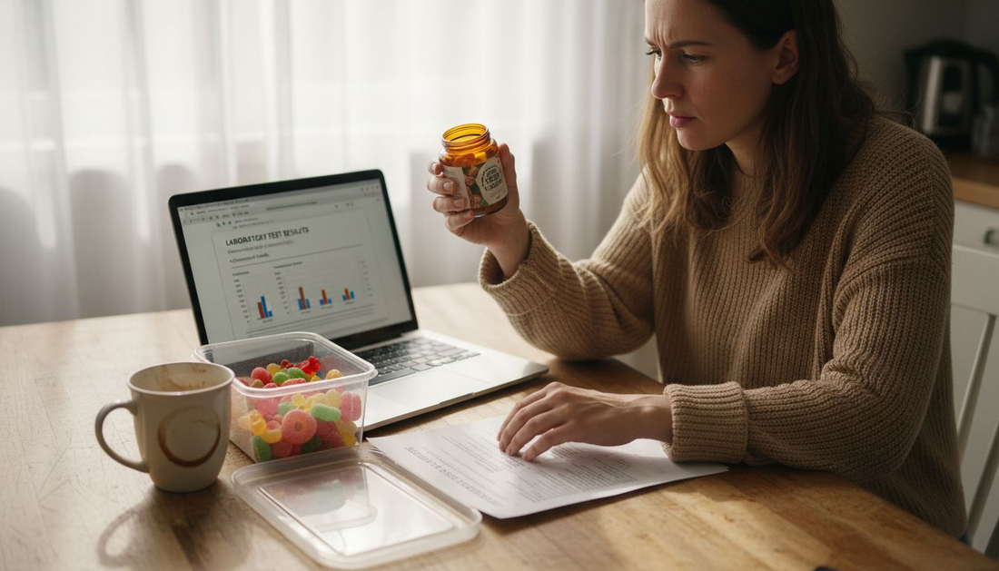 Woman checks CBD gummies and lab report