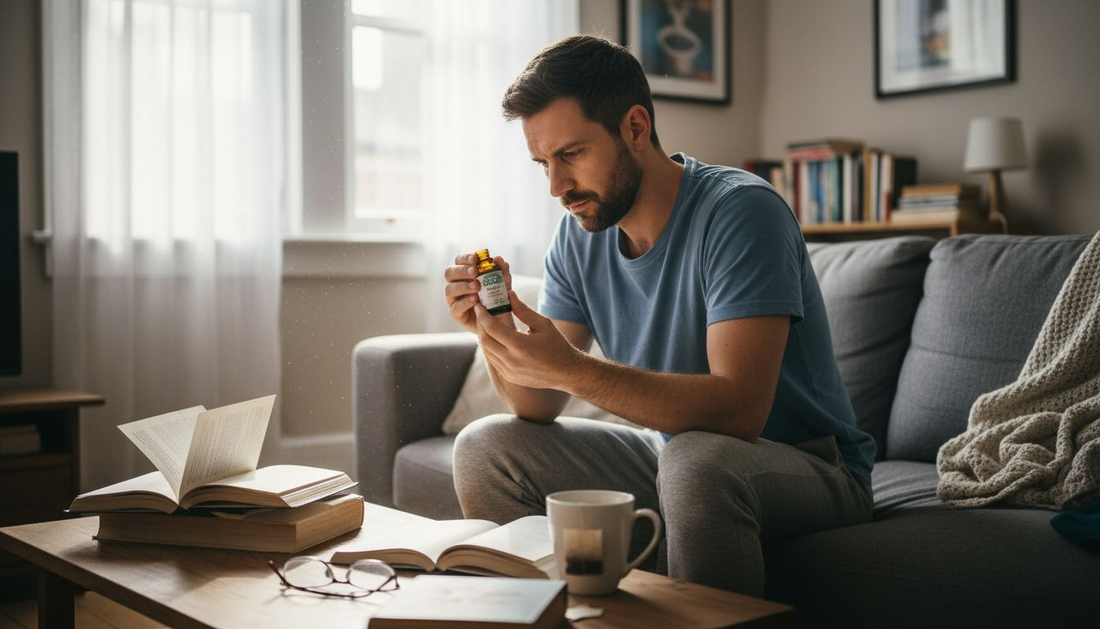 Man reading CBD oil label at home