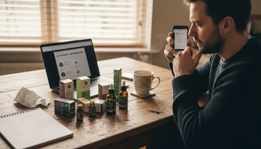 Man comparing CBD product boxes on cluttered table