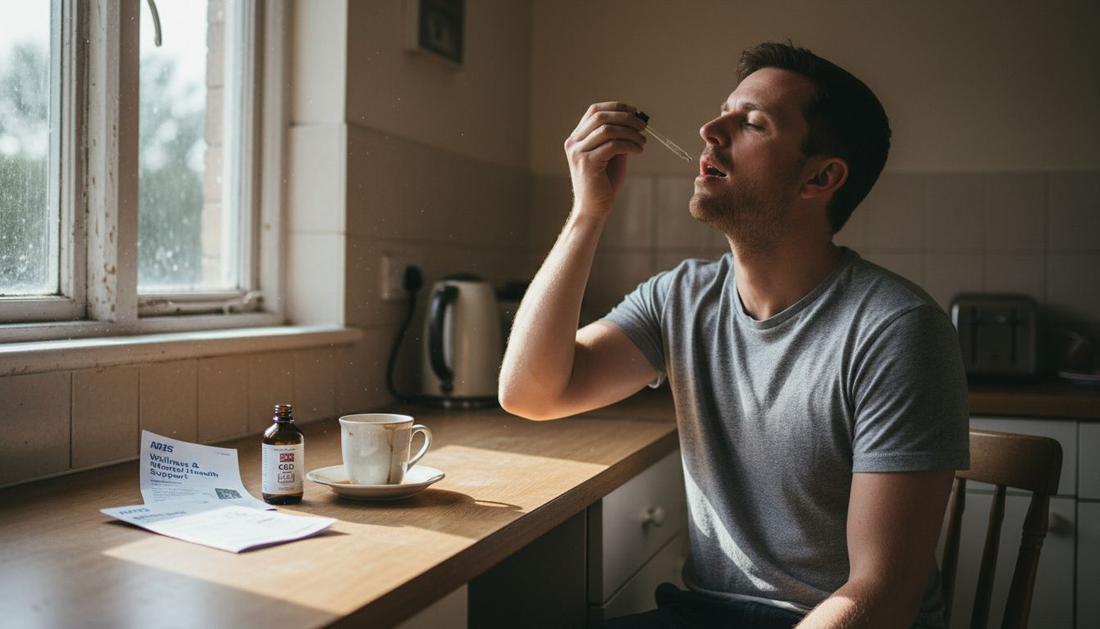 Man using CBD oil in a UK kitchen