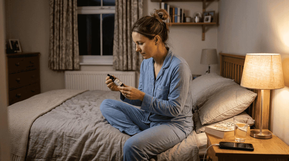 Woman examining CBD bottle before bed