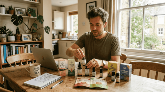 Man compares different CBD products at a table
