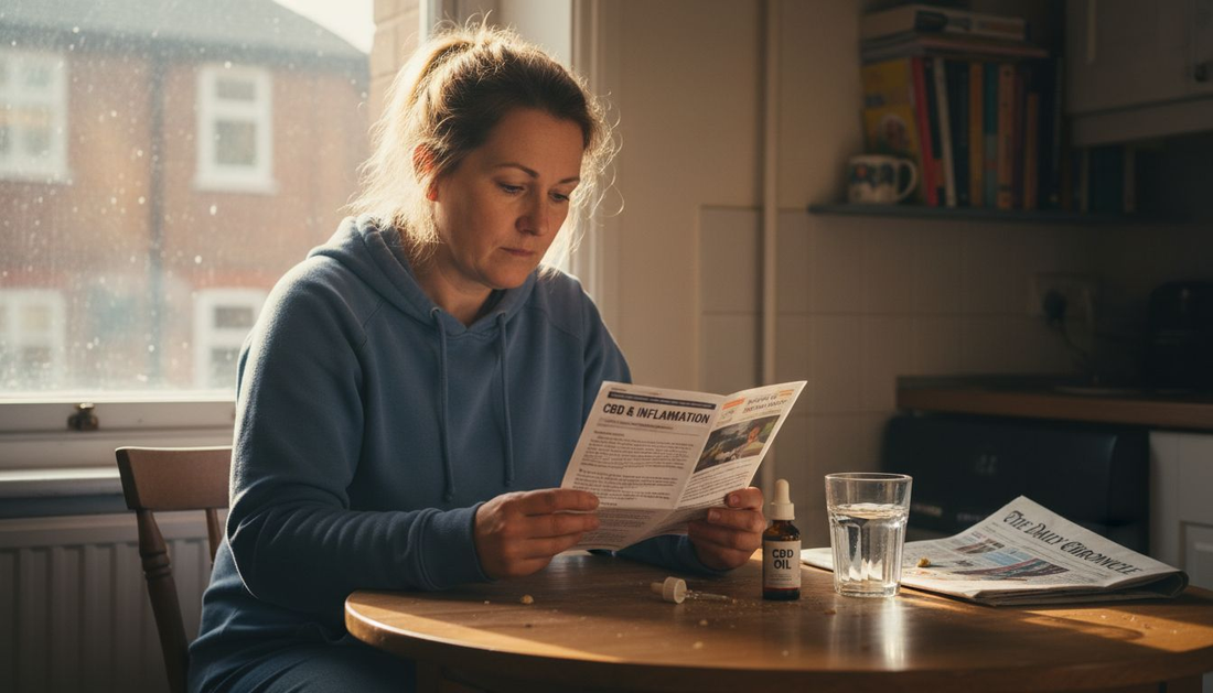 Woman reading CBD inflammation leaflet at kitchen table