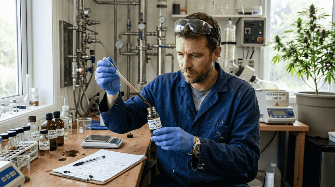 Lab technician measuring hemp oil in lab