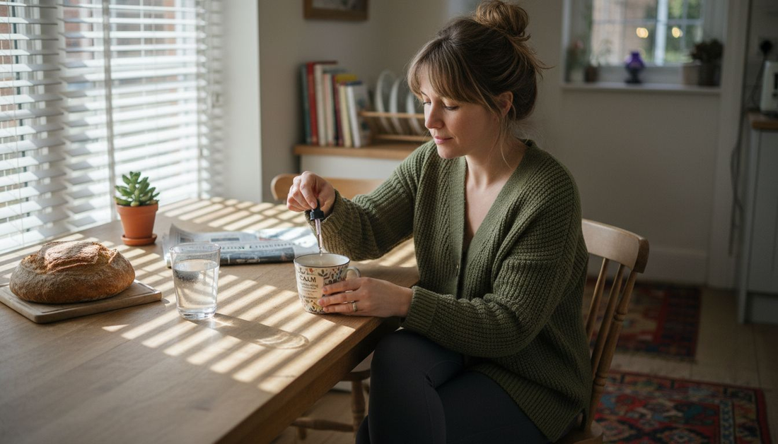 Woman uses CBD tincture in home kitchen