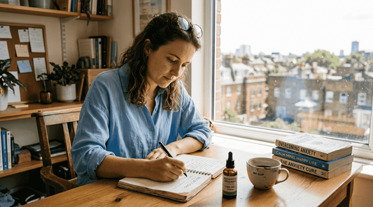 Woman tracks CBD use for anxiety in office