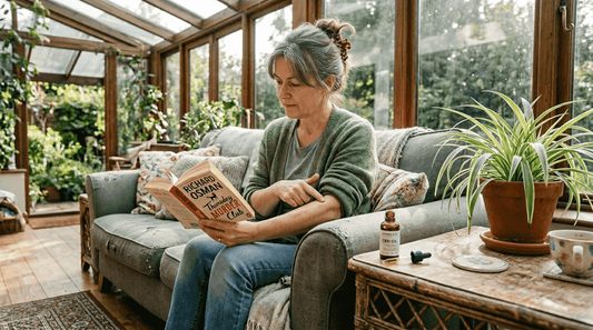 Woman using CBD oil for pain relief at home