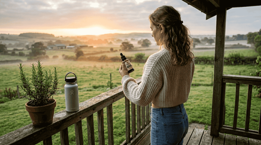 Woman reading CBD bottle on countryside porch
