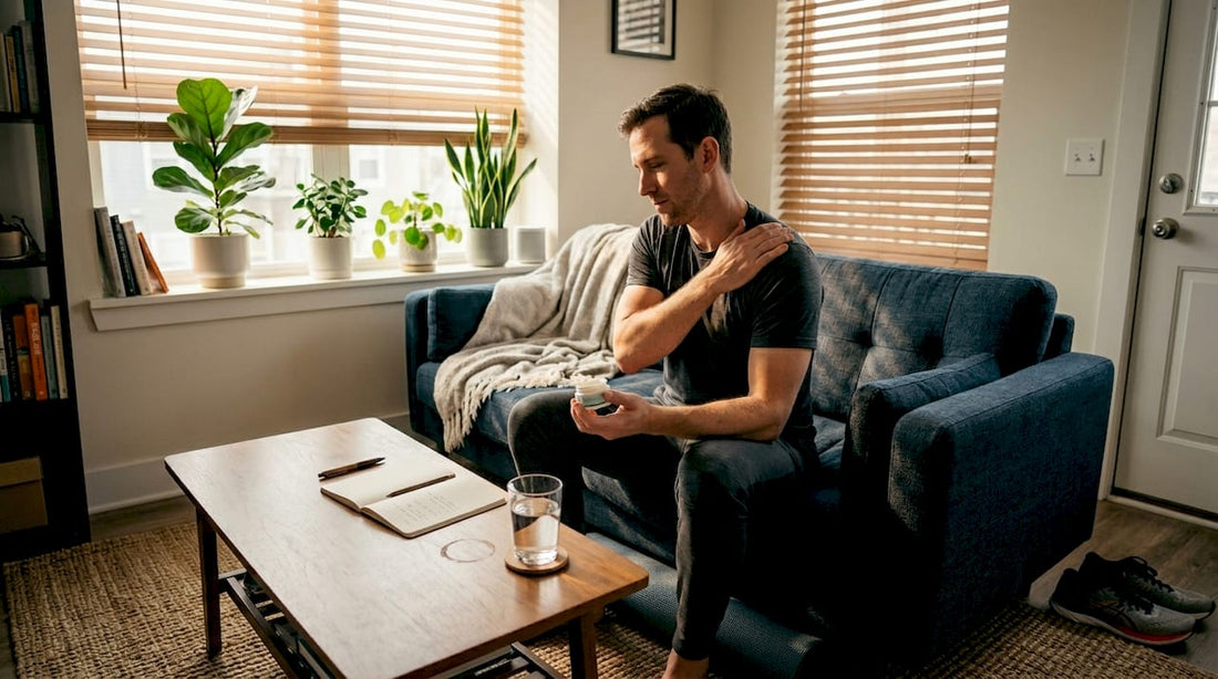 Man using CBD cream after workout on couch