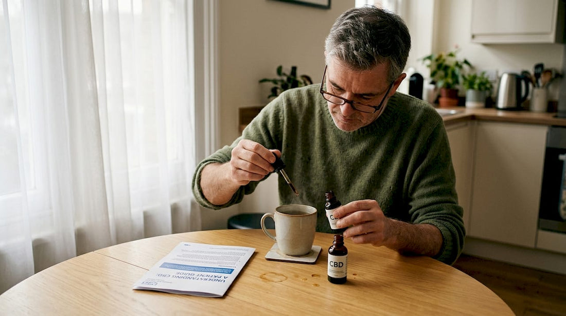 Man measuring CBD oil at kitchen table