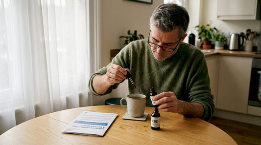 Man measuring CBD oil at kitchen table