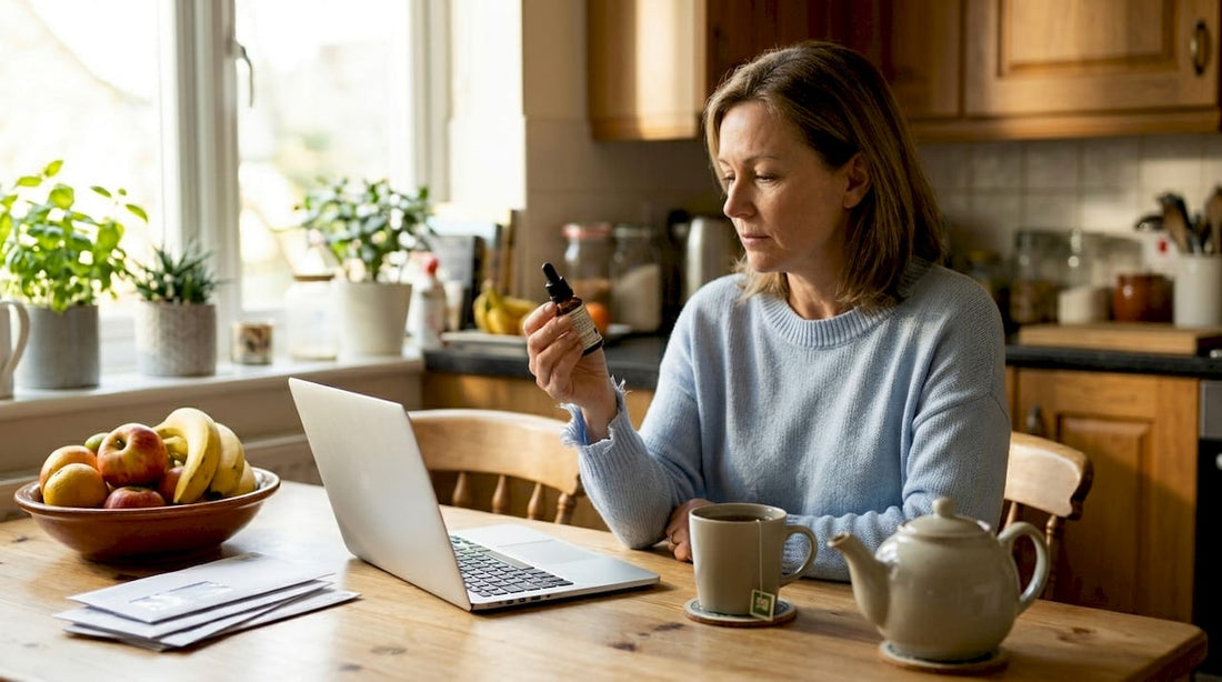 Woman reading CBD oil bottle at kitchen table