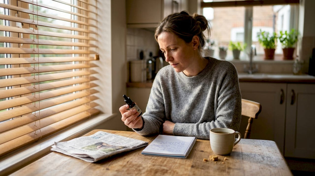 Woman reading CBD oil label in kitchen
