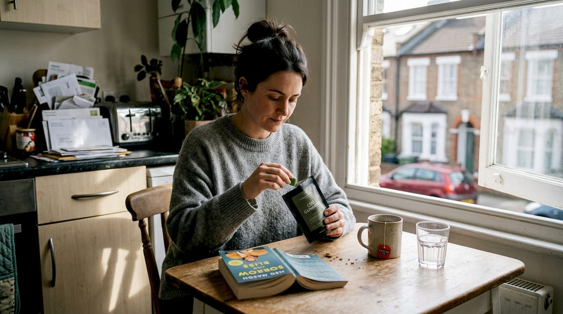 Woman unwrapping CBD gummy at kitchen table