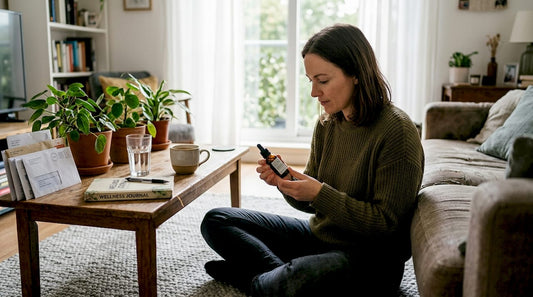Woman reading CBD oil label in living room