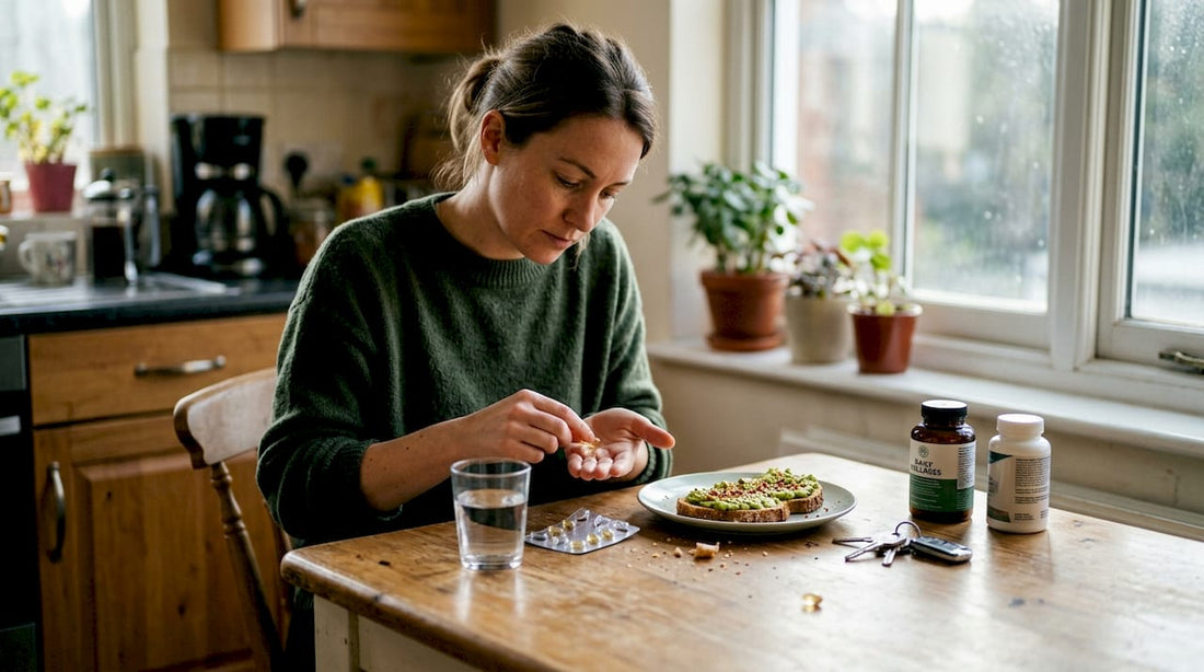 Person handling CBD softgel at kitchen table