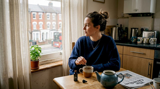 Woman adds CBD oil to tea at kitchen table