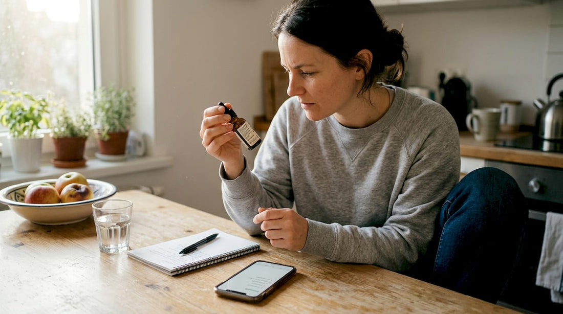 Woman reading CBD oil dosage label at kitchen table
