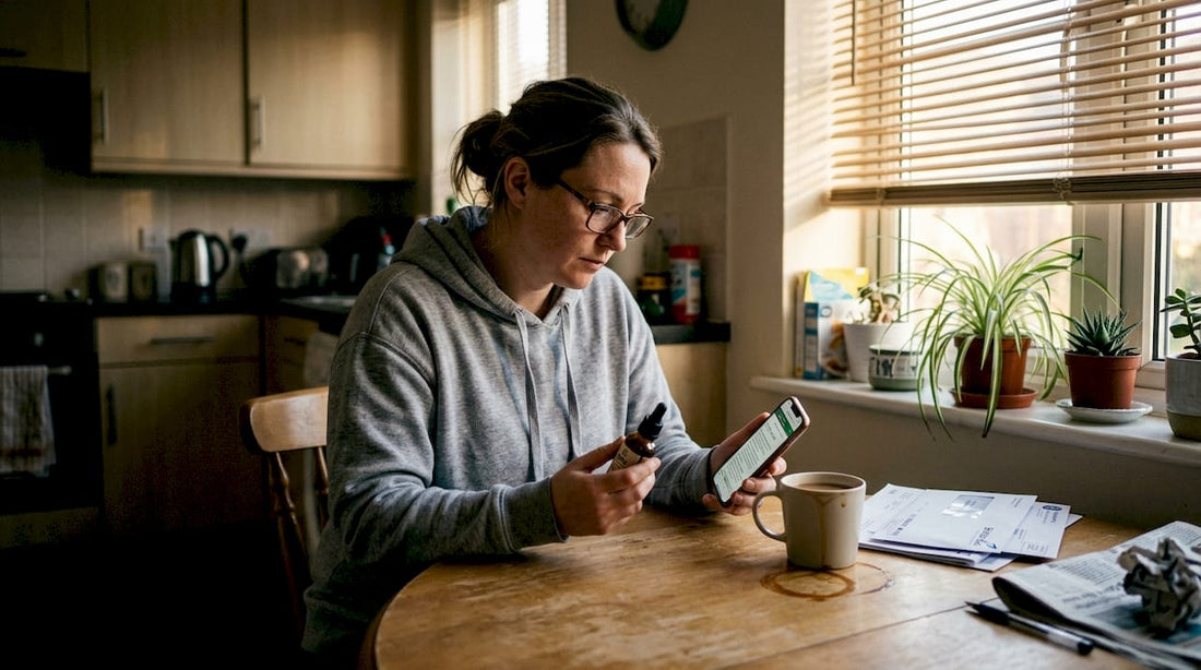 Woman checks CBD oil and instructions at home