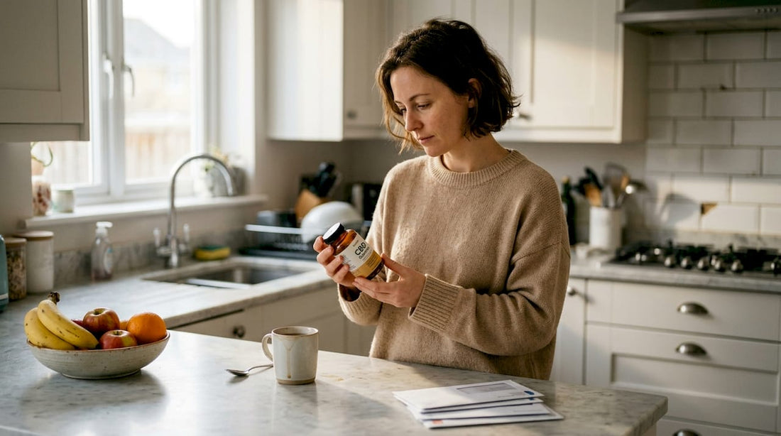 Woman reading CBD gummy bottle in kitchen