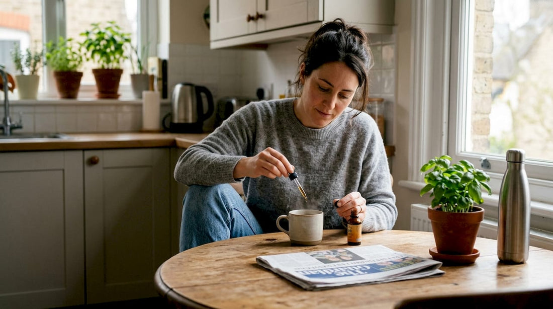 Woman using CBD oil in home kitchen setting