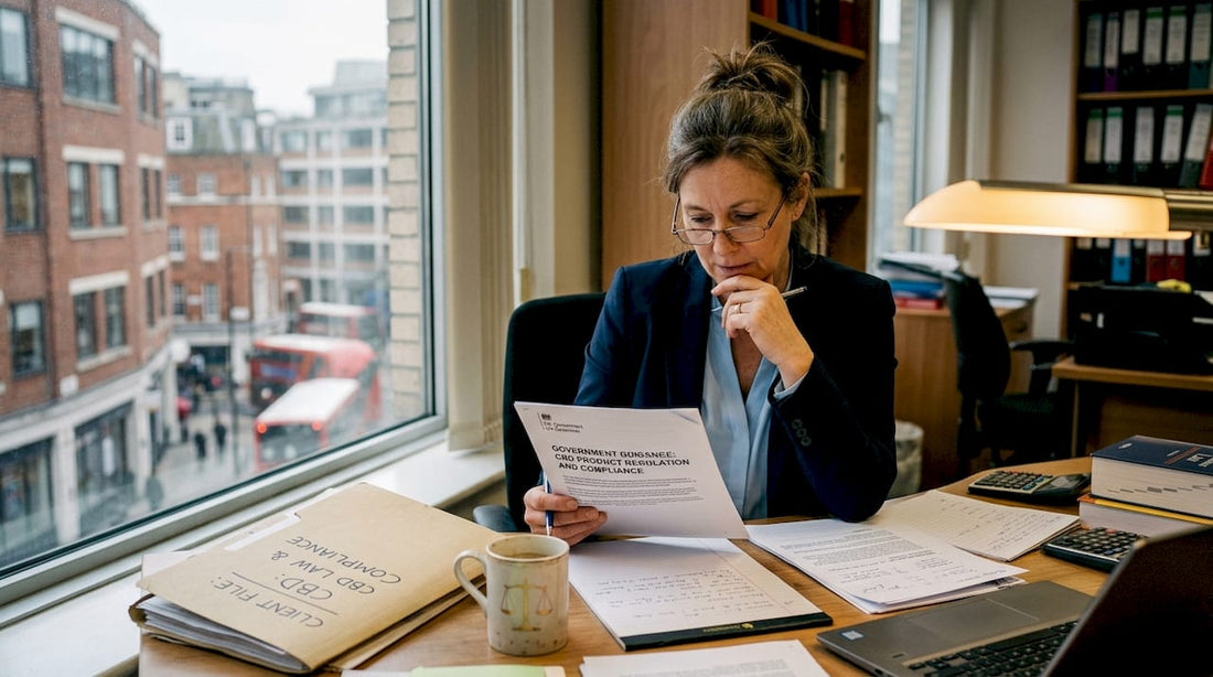 Solicitor reviewing UK CBD regulations at desk