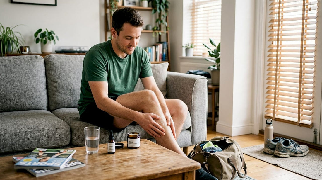 Man using CBD cream after exercise at home