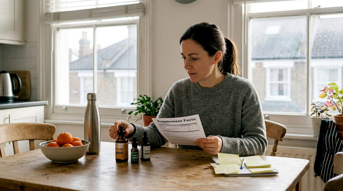 Woman reviewing CBD supplements at kitchen table