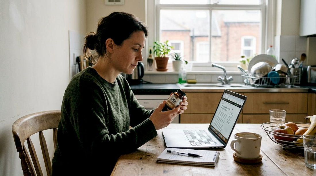 Woman reading CBD soft gels label at kitchen table