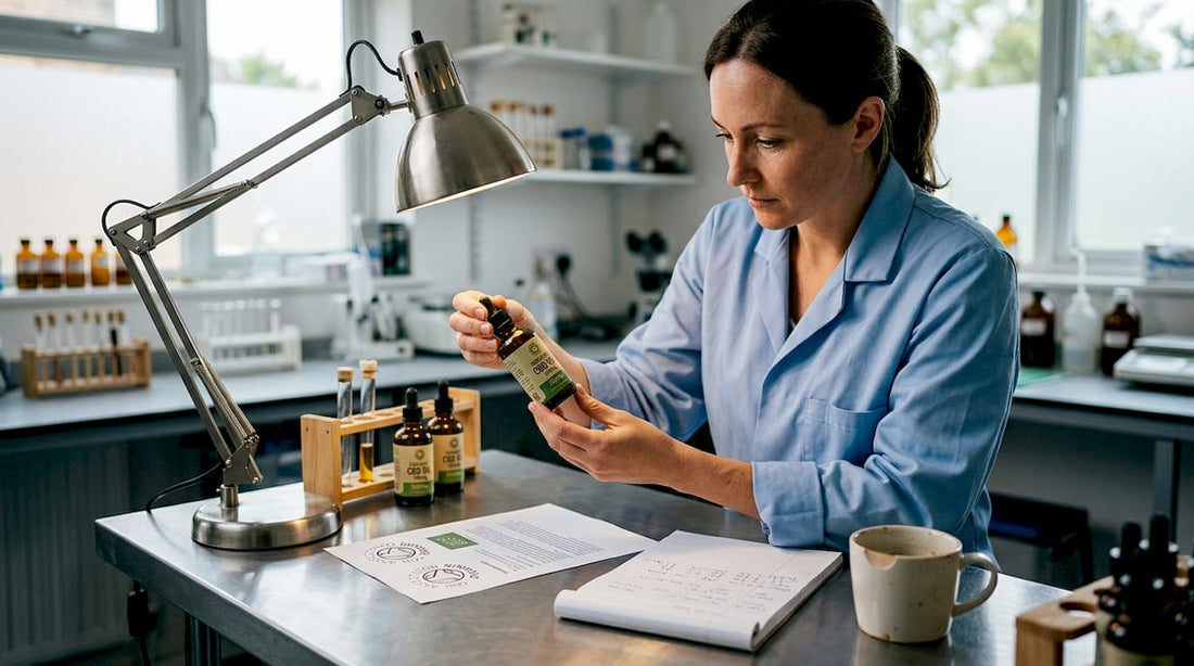Specialist inspecting UK organic CBD labels