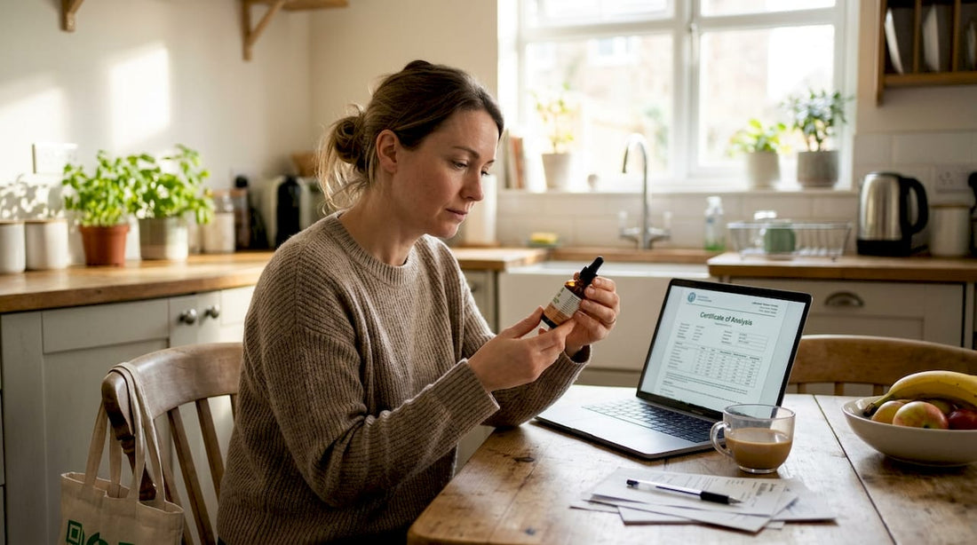Woman reading CBD oil label at kitchen table