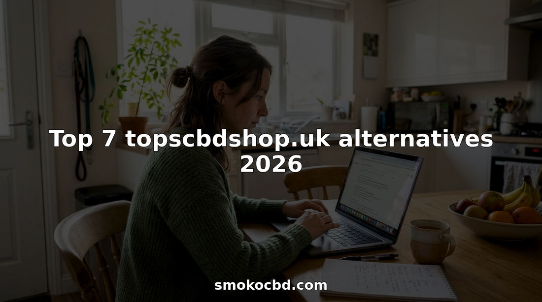 Woman browsing CBD alternative UK sites at kitchen table
