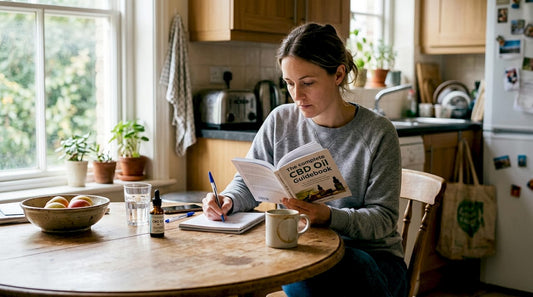 Woman reading CBD oil guide at kitchen table