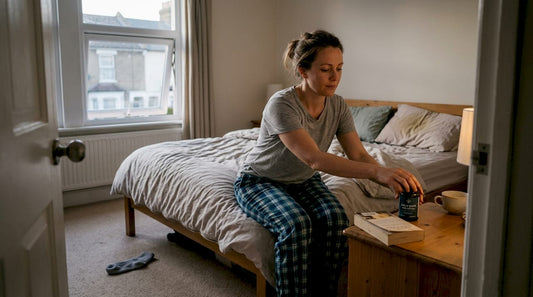 Woman reaching for CBD soft gels on bedside table