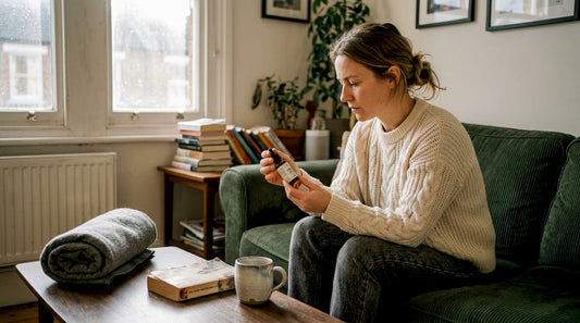 Woman reading CBD bottle label on sofa