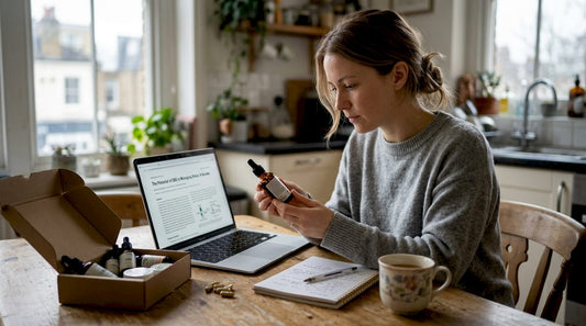 Woman researches CBD oil at kitchen table
