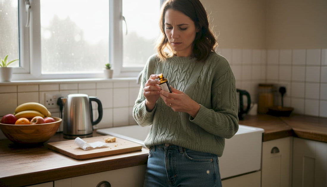 Woman reading CBD label in kitchen
