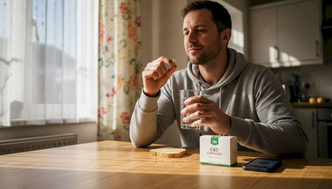 Man taking CBD capsule at breakfast table
