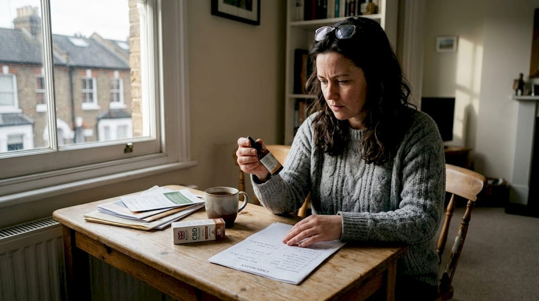 Woman reviewing CBD tincture checklist at table