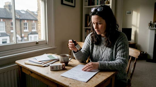 Woman reviewing CBD tincture checklist at table