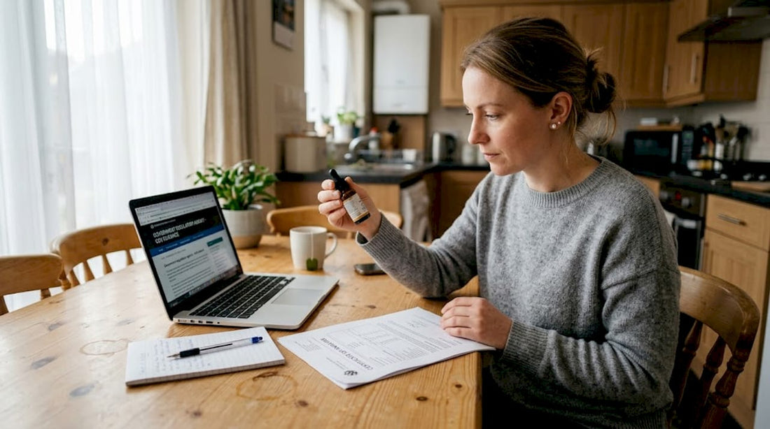 Woman reviewing CBD oil certificate at home