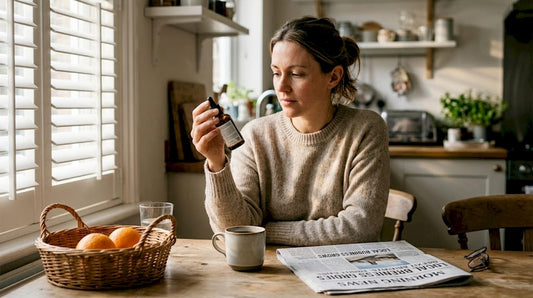 Woman reading CBD tincture label at kitchen table