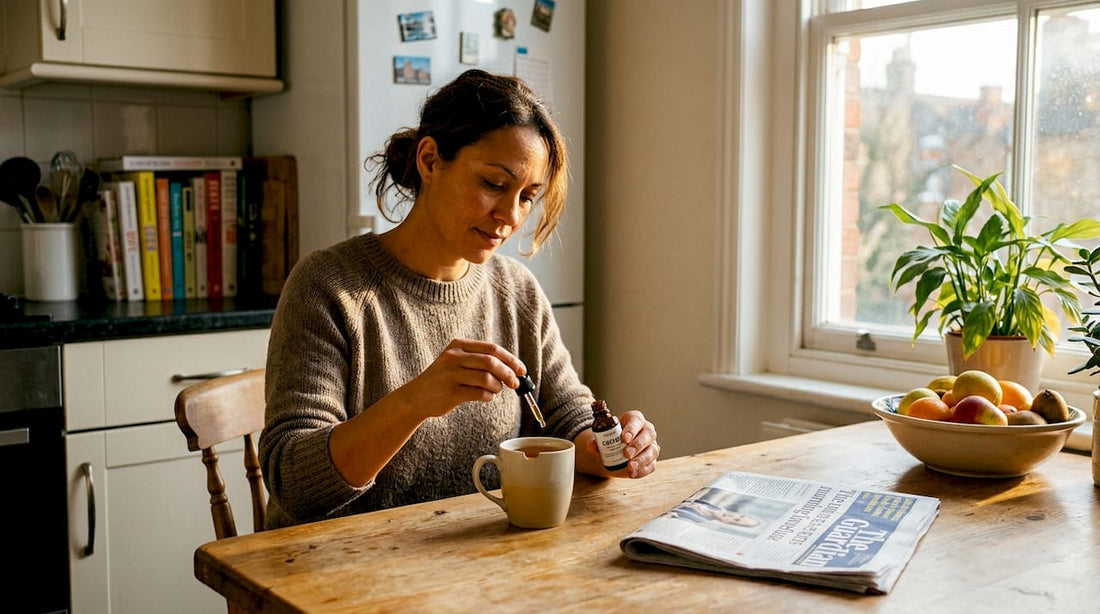 Woman adding organic CBD oil to tea