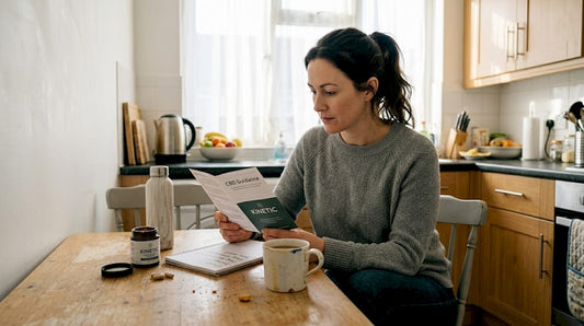 Woman reading CBD info at kitchen table