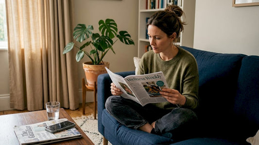 Woman reading health magazine on sofa
